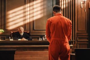 The Criminal Process Part 3 - The Trial, defendant dressed in orange prison jumpsuit appears before judge in court for his trial by jury.